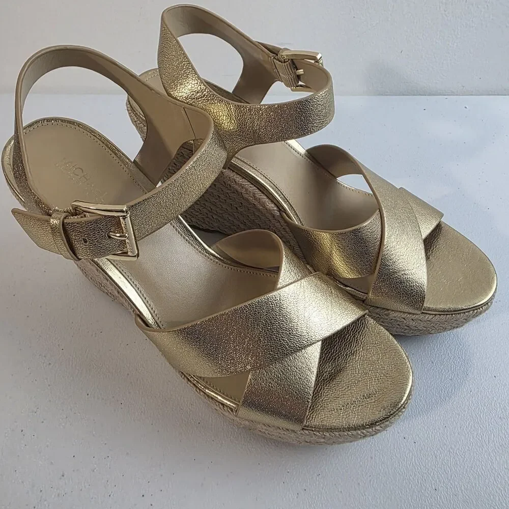 Michael Kors Espadrille Sandals Size 8.5 Platform Gold Leather Giovanna 5